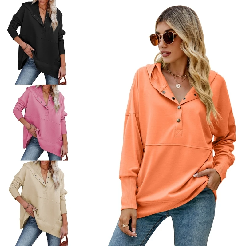 

Women Button V-Neck Batwing Sleeve Sweatshirt Oversized Loose Hooded Tunic Top