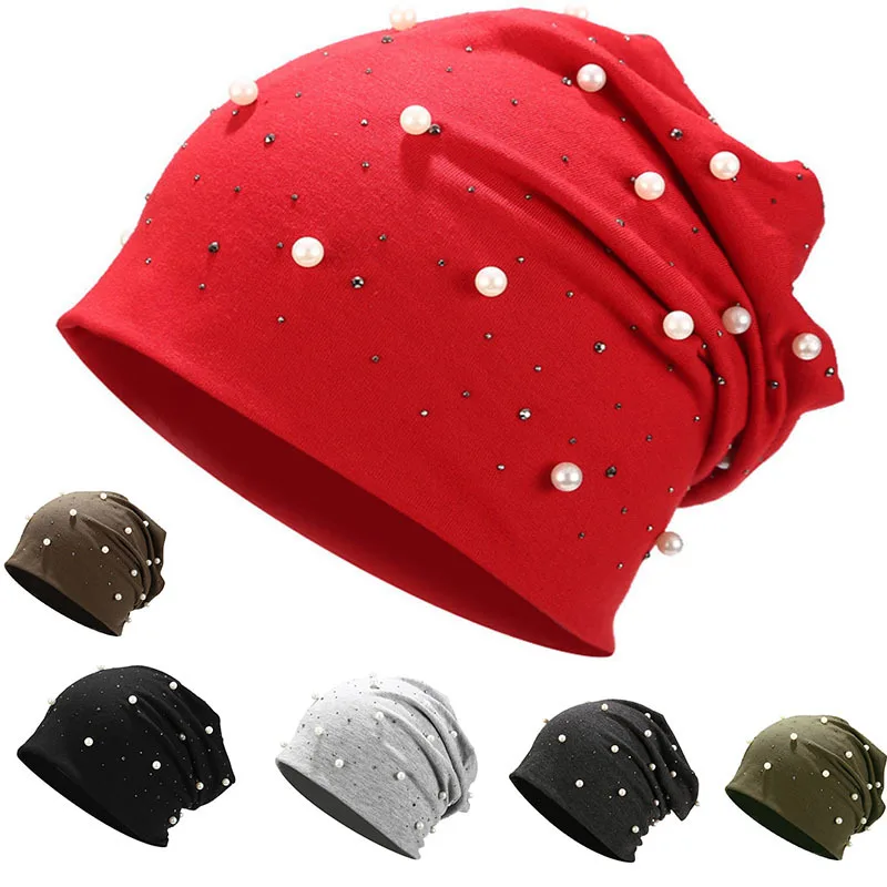Мягкие хлопковые шапки-бини на осень и весну женские шапки с жемчугом для девочек