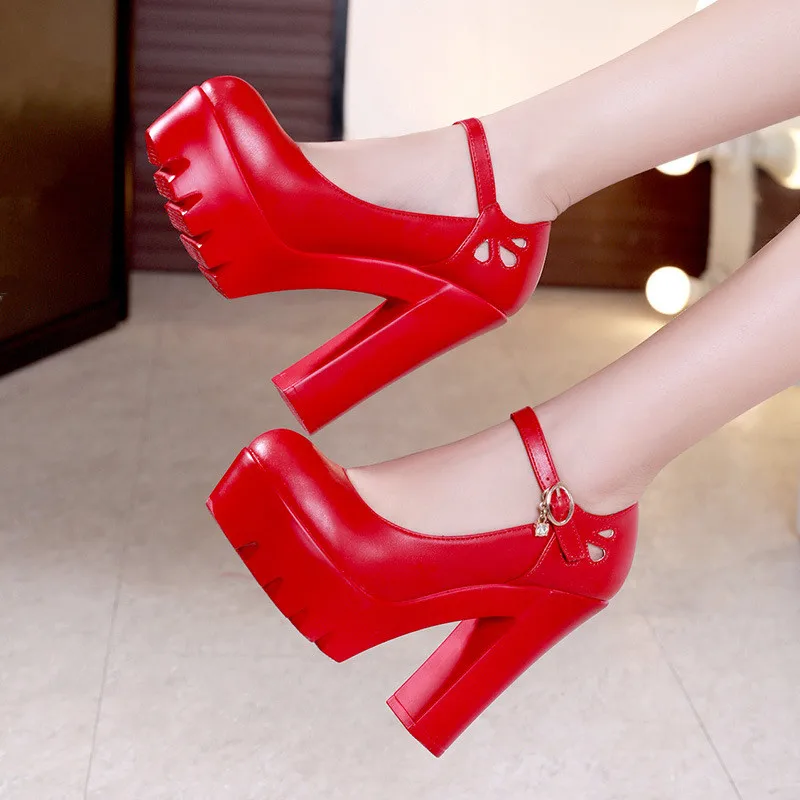 Plus Size 43 New Spring Red Black Women Platform Buckle Strap Square High Heels 2022 Fashion Pumps Mary Jane Shoes Ladies A0013