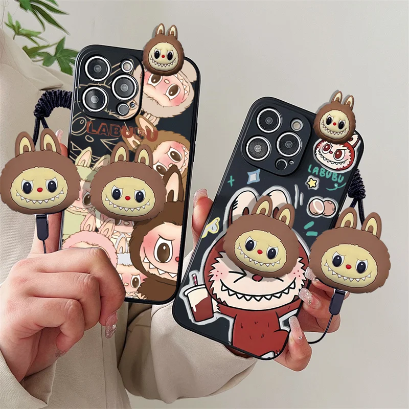 For Xiaomi 14 Ultra 10i 11i Redmi Turbo 3 Note 9s 9T 9 Pro Max 3D Cartoon Labubu Toy Phone Holder Case With Lanyard Strap Cover