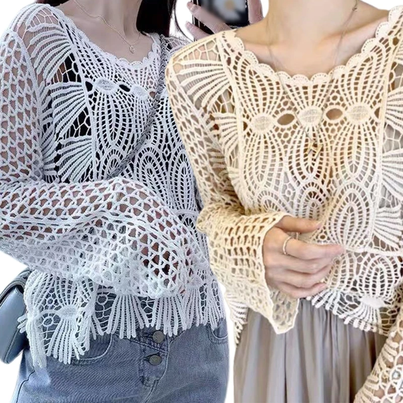 

Женская вязаная Кружевная футболка с длинным рукавом