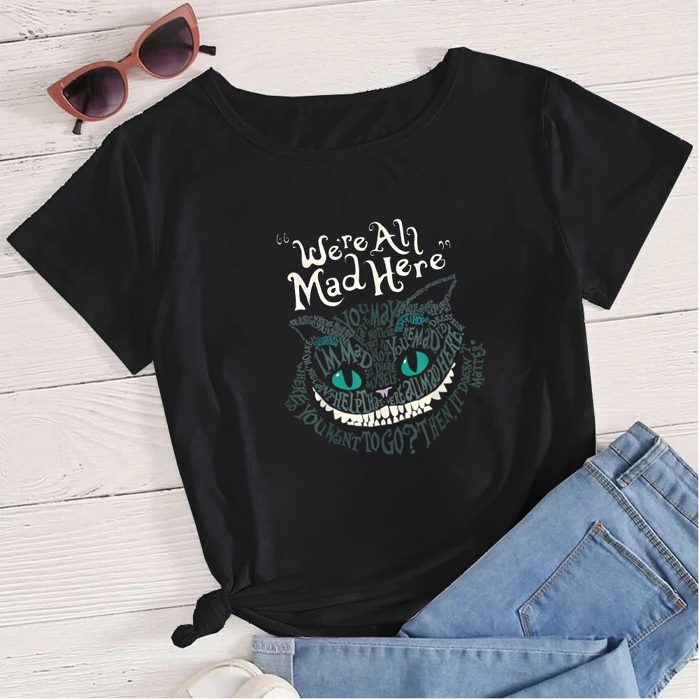 

Disney Cheshire Cat We're All Mad Here Print Black T-shirt Women Short Sleeve Summer Streetwear Fashion Harajuku Style Y2k Tops