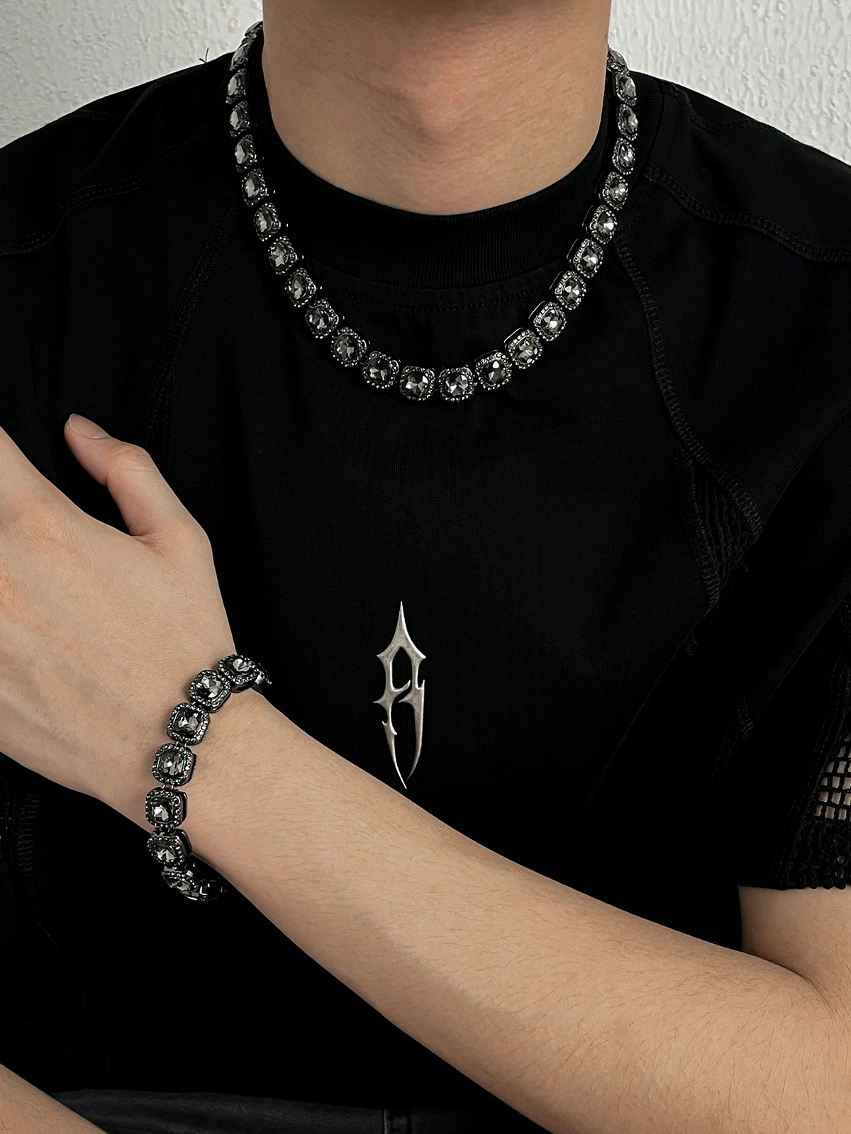 G-Overshare Black and Gray Rock Candy Necklace Men's Hip-hop Trendy Rap American Sweet Cool High Street Women's Sam...