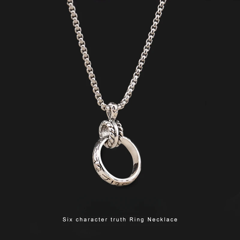 

Hip Hop Tidal Titanium Steel Six Character Ring Pendant Necklace Couple Matching Jewelry Men and Women Matching Sweater Chain