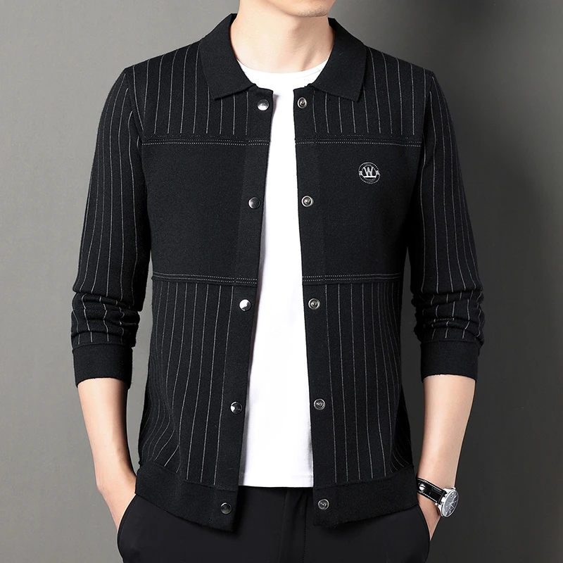 

Brand Luxury Men's Knit Jacket Trend Products Lapel Letter Embroidery Quality Pockets Fashion Casual Slim Sweater Black Autumn