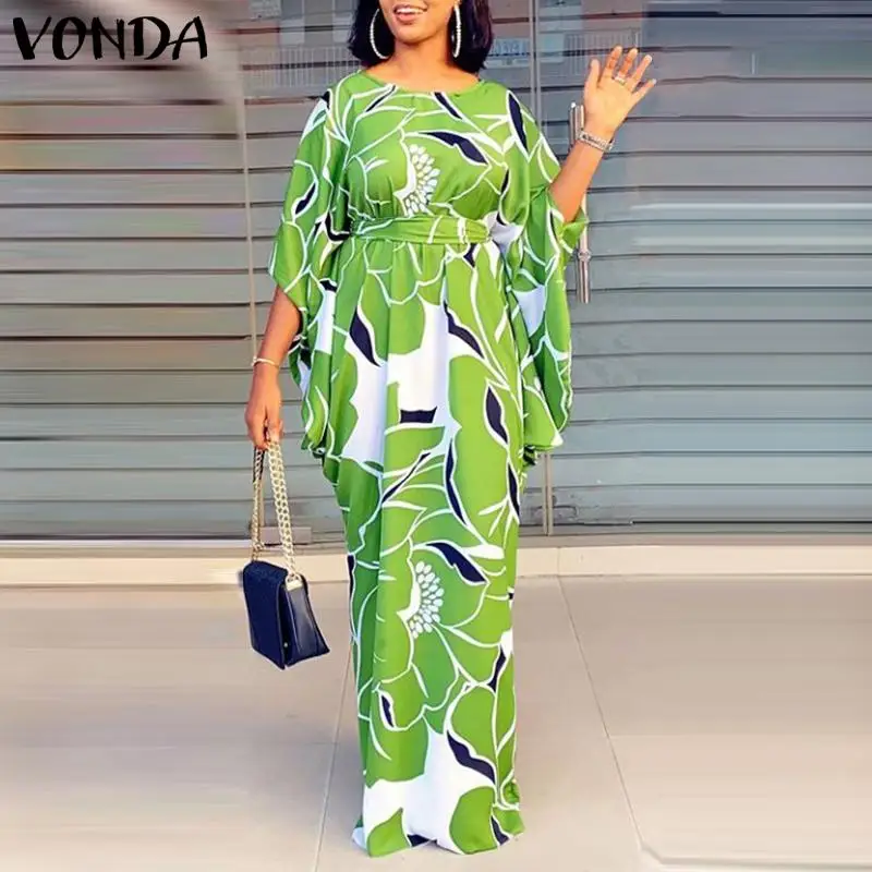 

VONDA 2022 Summer Round Neck Bat Sleeve Party Dress Ladies Vintage Printed Vestidos With Belt Female Loose Baggy Robes Longue