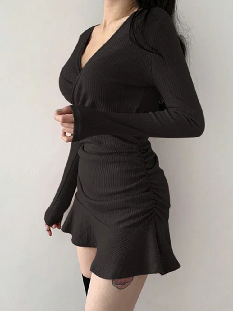 Платья с длинным рукавом женские платья v-образным вырезом и складками