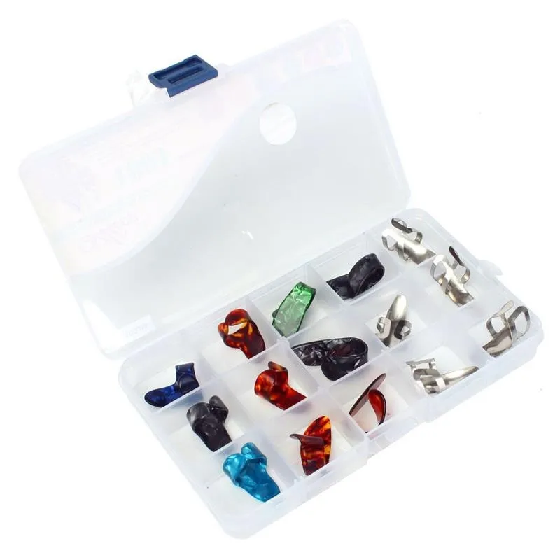 

15 Pcs Stainless Steel Celluloid Thumb Finger Guitar Picks + 15 Grid Case