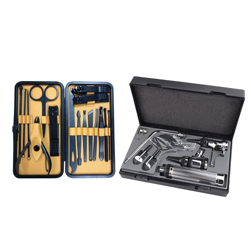 

16Pcs Nail Art Tools With Pusher Ingrown Nail File Polish Tweezer & 1 Set Diagnostic ENT Kit Otoscope Diagnostic Device