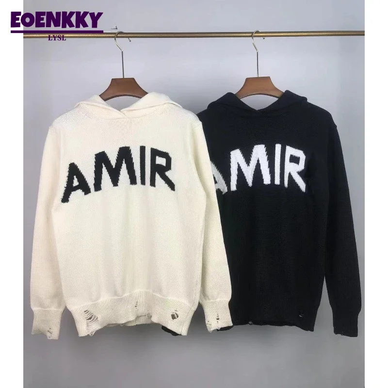 

Fashion Harajuku Hooded Sweaters Men Brand Letter Printed Tassels Hole Knit Pullover Autumn Winter Unisex Casual Loose Sweater