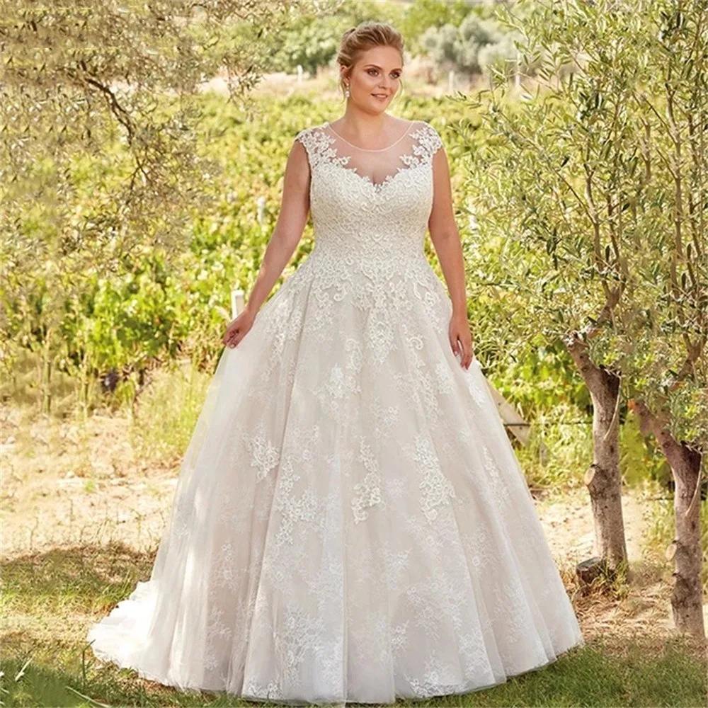 

Plus Size Wedding Dresses 2023 For Women Lace Appliques A Line Bridal Gowns Sheer Scoop Illusion Back Vestido De Noiva Custom