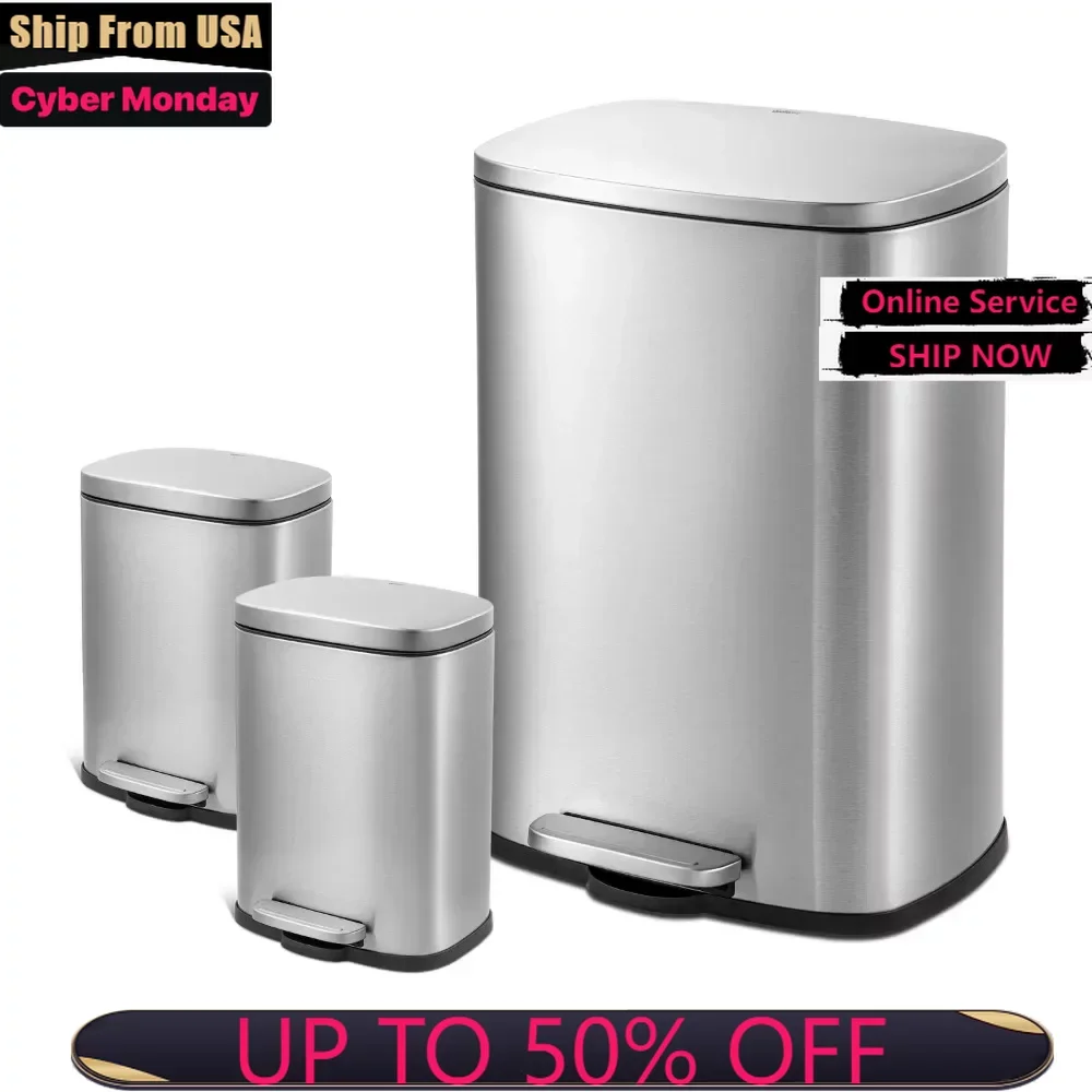 

3 Piece Rectangular Step Trash Can, Stainless Steel, Waste Bins