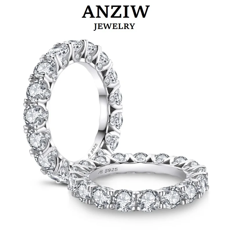 

ANZIW 925 Sterling Silver 4mm Round Cut Full Eternity Ring for Women Sona Simulated Diamond Engagement Wedding Band Ring