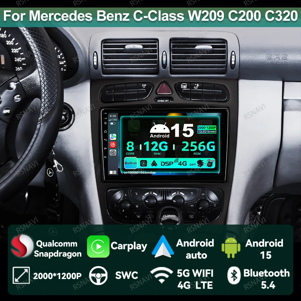 Фото Автомобильный радиоприемник Android 15 для Mercedes Benz C-Class W209 C200 C320 C350 CLK W203 2002-2005 систем IPS головное устройство WIFI + 4G авторадио №1