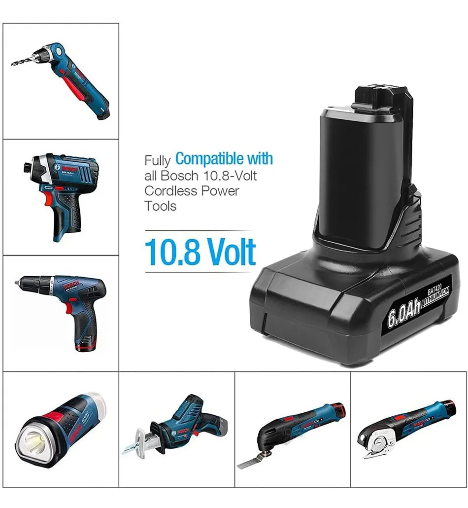 

12V Bosch 6.0Ah Li-ion BAT420 Replacement Battery for Bosch BAT411 BAT412 BAT413 BAT414 10.8V Battery Cordless Power Tools