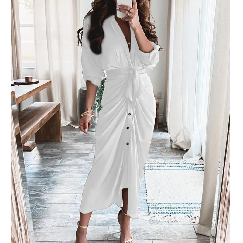 

2023 Summer Elegant Satin Shirt Dress Women Button Short Sleeve Tunic Midi Dress OL Sundress V Neck Party Dresses Slit Draped