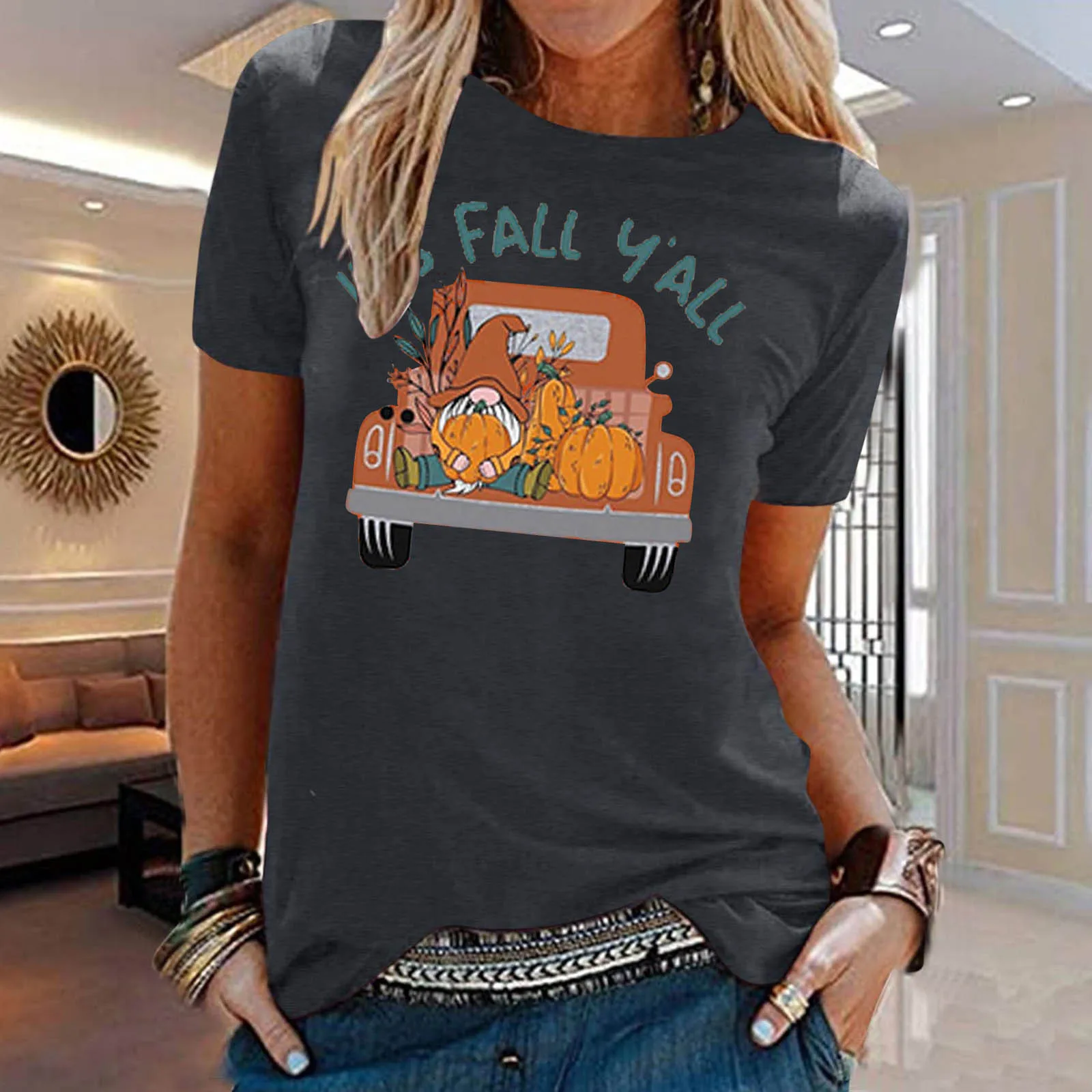 

Women Casual Fall Printing Short Sleeve Tops Blouse Round Neck Casual Tee Tunic Shirts Womens Summer Shirts Loose Fit