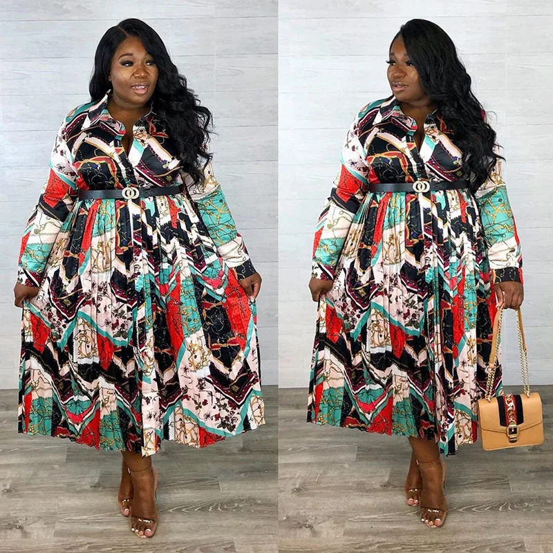 Plus Size Autumn Women Dress Bohemian Dresses with Belt Long Sleeve V-neck A-line Casual Ol Elegant Dress Who 3xl 4xl 5xl 6xl