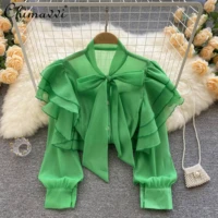 summer 2022 new ruffled stitching long sleeve loose shirt for female sweet tie neck bow collar versatile blouse ladeis