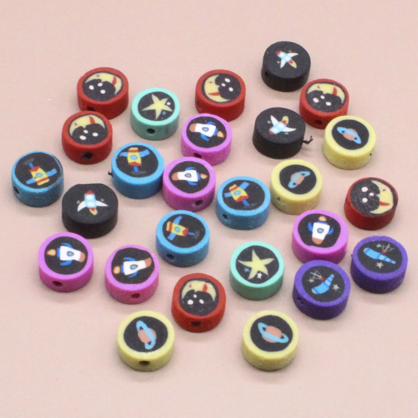 30pcs 10mm Colorful Smile White Clay Beads Flat Round Beads