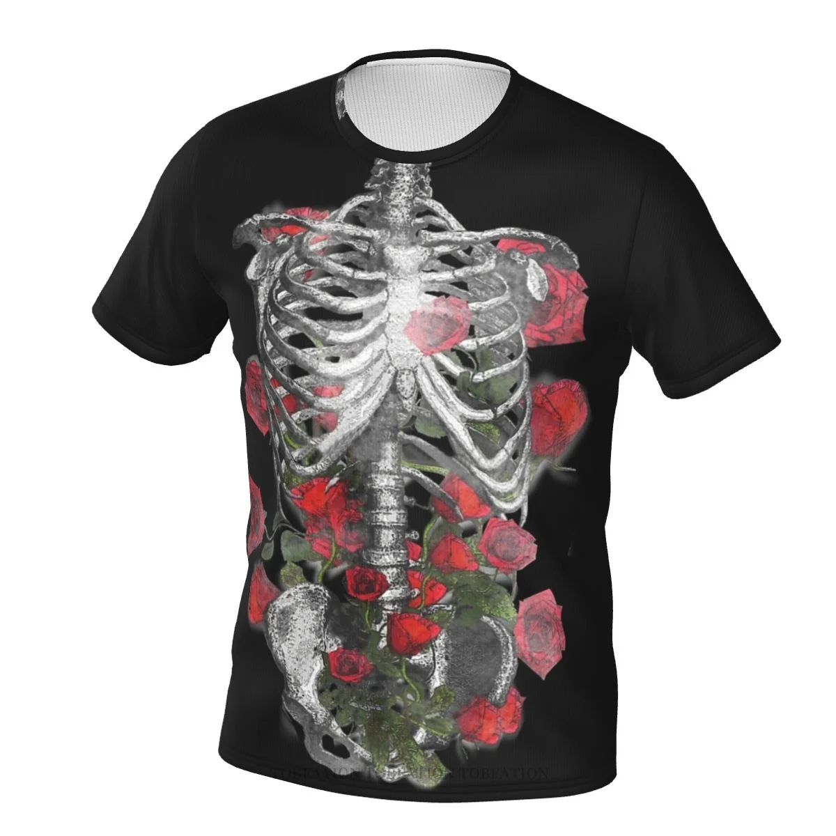 

Red Roses And Human Anatomy Rib Cage Floral Skeleton Retro Short-Sleeved Polyester T-Shirts Harajuku 3D Printed