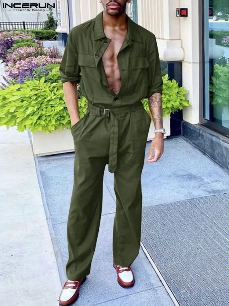 

INCERUN 2022 Men Jumpsuits Solid Lapel Streetwear Long Sleeve Button Cargo Overalls Pockets Casual Men Rompers With Belt S-5XL