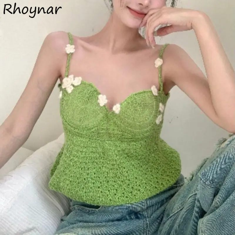 

Knitted Cozy Camisole Women Y2k Girlish Lovely Crop Tops Appliques Designed Summer Ins Fashion Vintage Sexy Hollow Out Harajuku