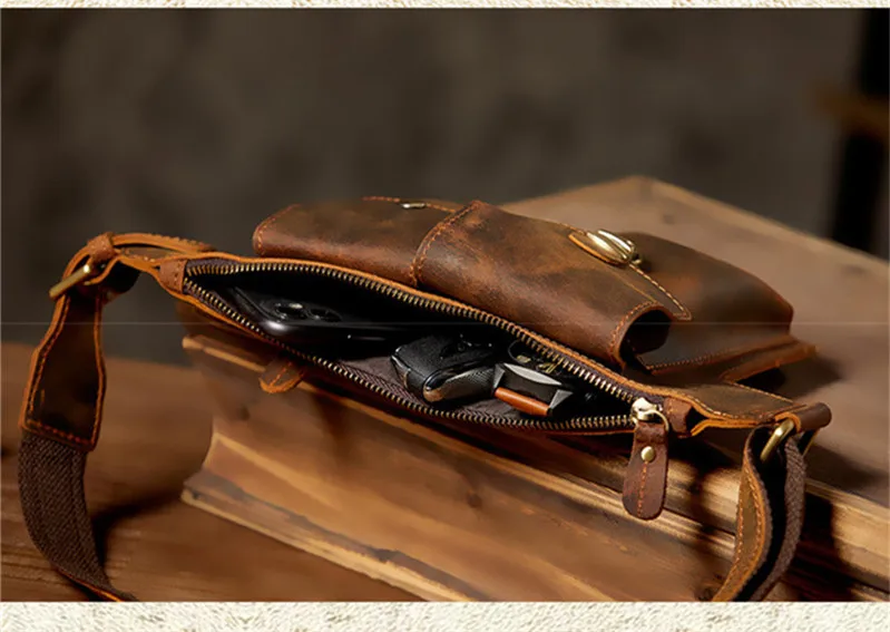 Retro Fashion Crazy Horse cowhide Men Brown Chest Pack Everyday Outdoor Designer natural real leather Sports Waist Bag for Teens