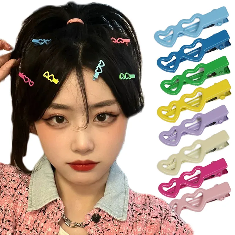 

6 шт. корейские заколки для волос в форме сердца, шпильки для волос BB, цветные металлические заколки в форме сердца для женщин, модные аксессуары для укладки