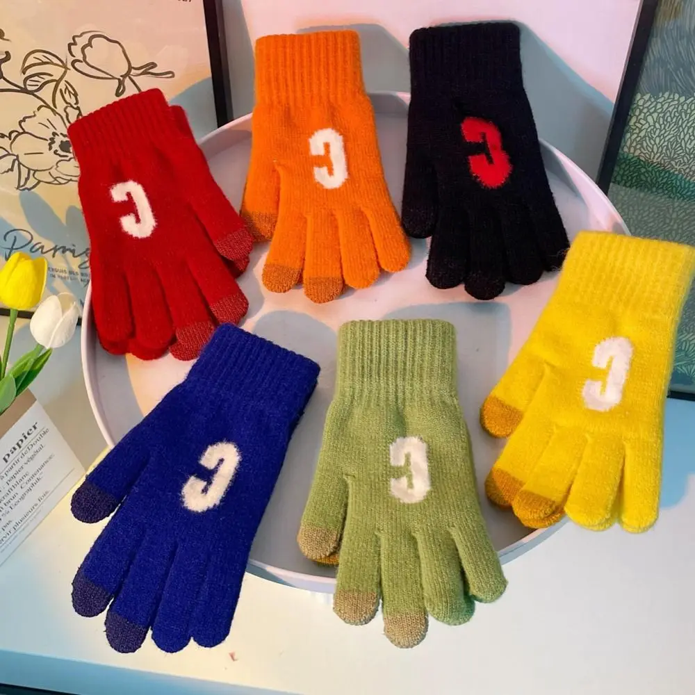 

New Women Knitted Gloves Letter C Candy Color Mittens Autumn Winter Full Finger Gloves Outdoor Cycling Mittens Couple Gifts Girl