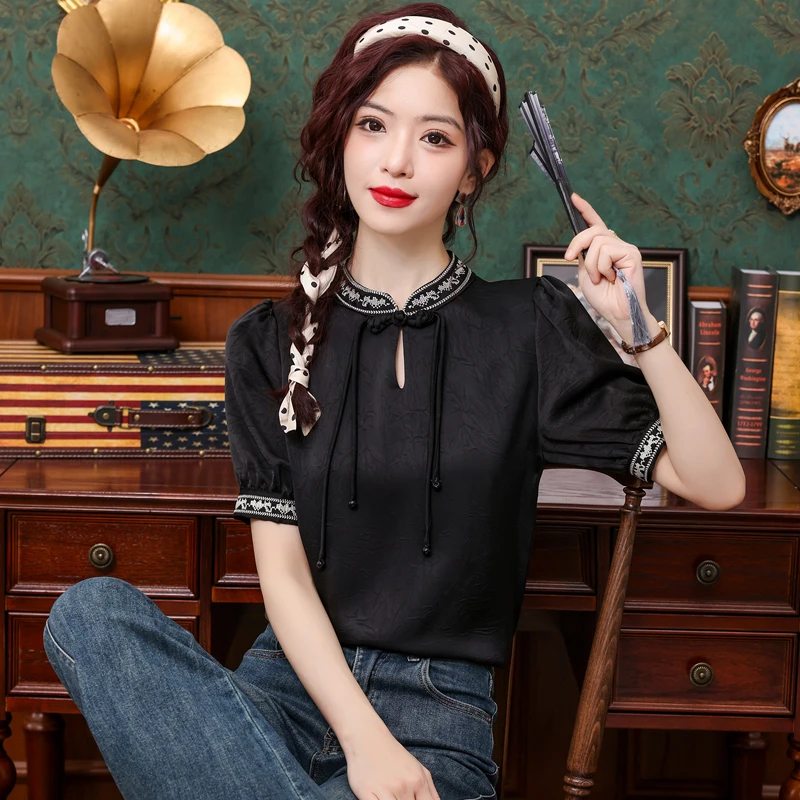 Модная женская блузка с коротким рукавом и воротником-стойкой шифоновая