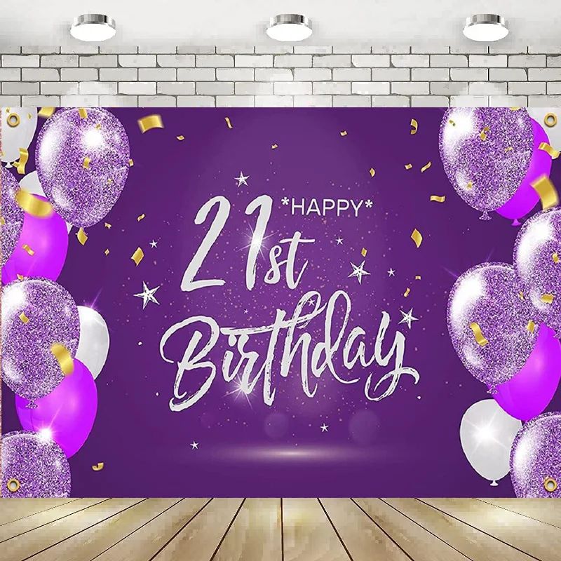 

Happy 21st Birthday Party Photography Backdrop Decorations Purple Background Decor Supplies Banner Poster Balloon Gift Lover