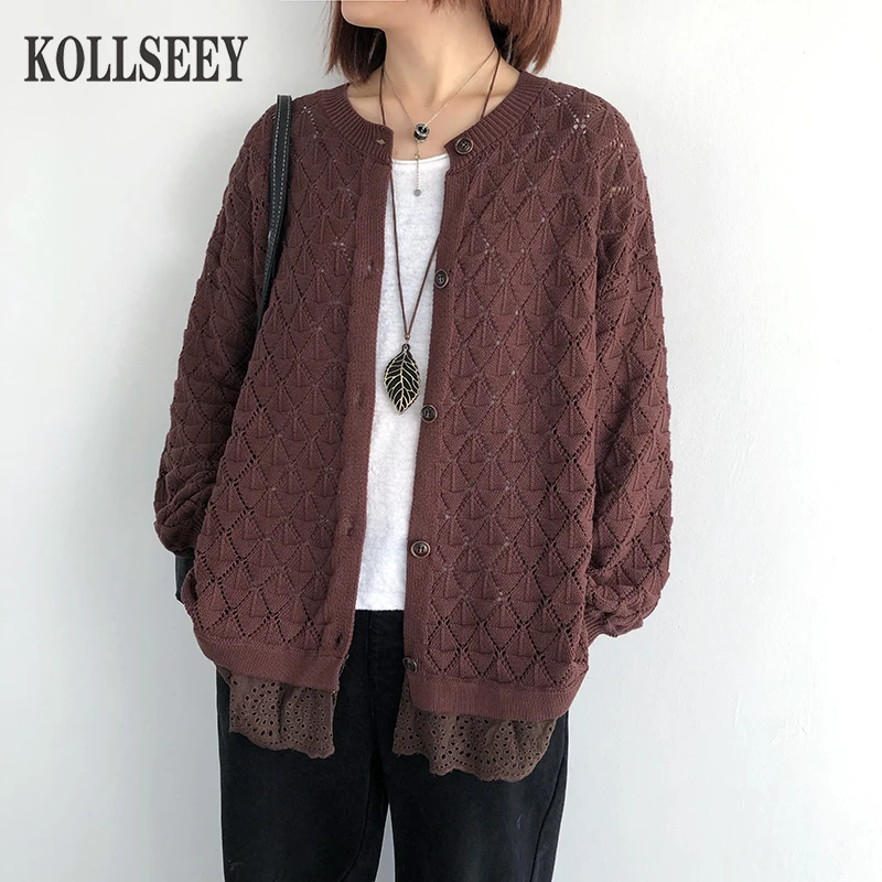 Ladies Knitted Cardigan Sweater Autumn New Loose Casual Thin Long Sleeve Retro Crochet Hollow Stitching Fake Two-Piece Jacket
