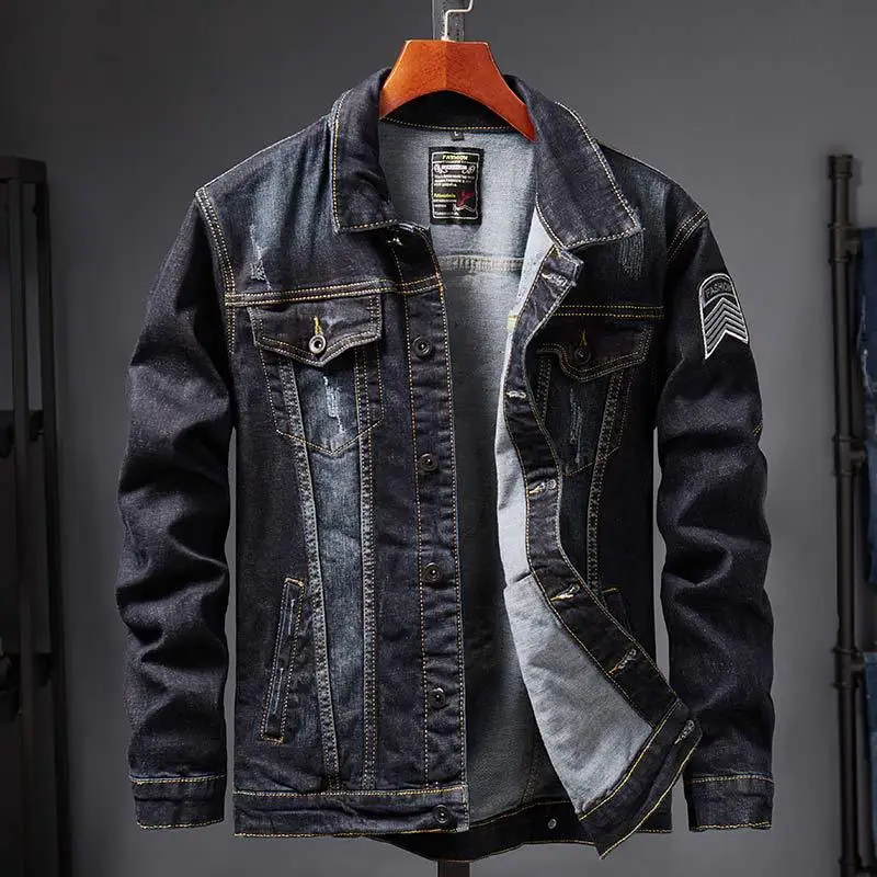 

Men Denim Coat Spring Embroidery Stitching Baggy Coat Men Long-Sleeved Single-Breasted Cardigan Korean Turn-down Collar Coat