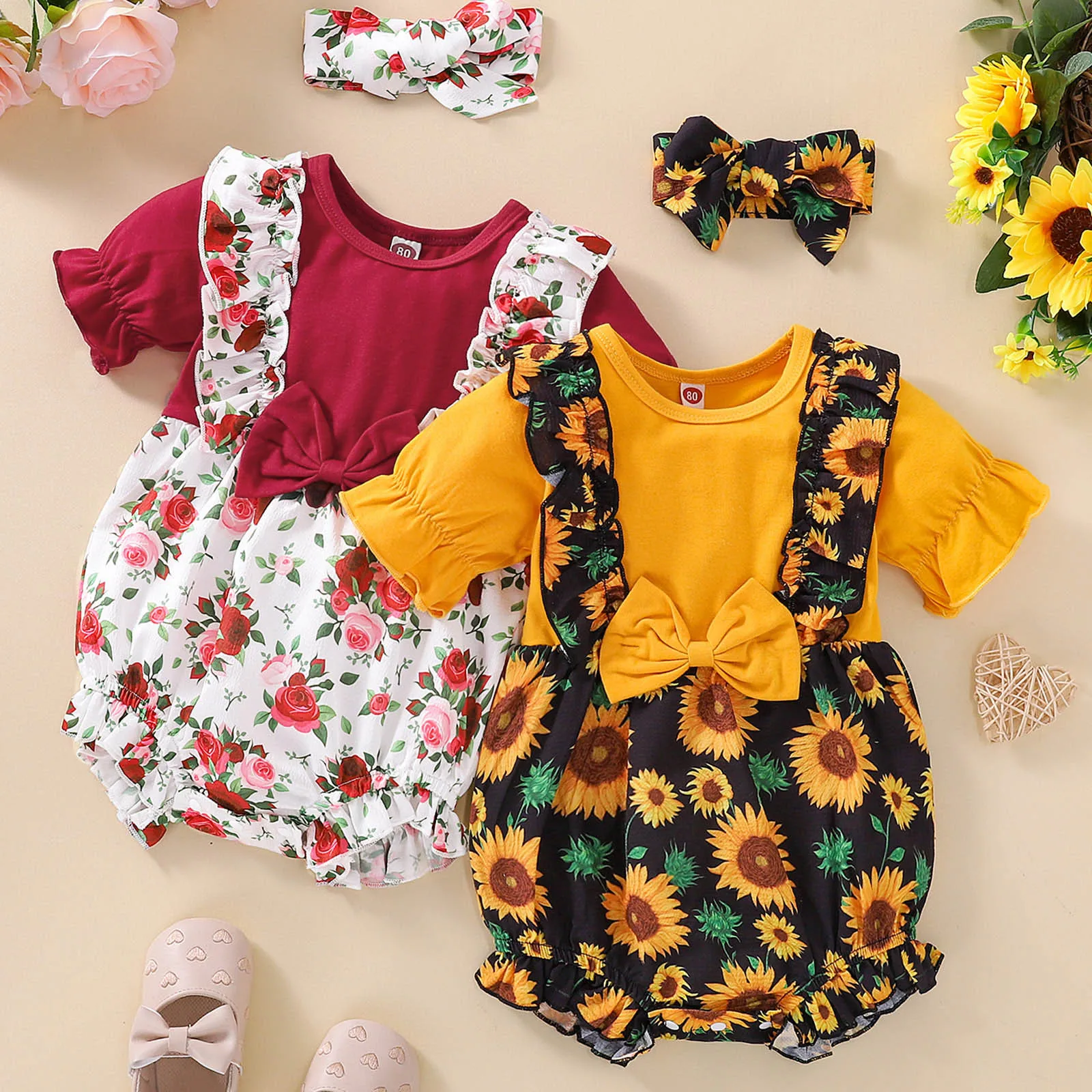 

Infant Baby Girls Bodysuits 3-24 Months Baby's Summer Short Sleeve Sunflower Printed Bowknot Rompers Bodysuit+Headbands Sets