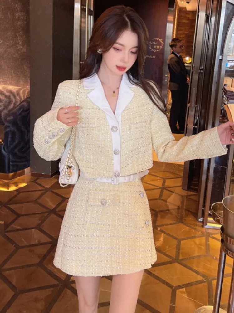 

Женский твидовый костюм с блейзером и юбкой, элегантный комплект из двух предметов, Роскошный Блейзер и юбка со стразами, осень 2023