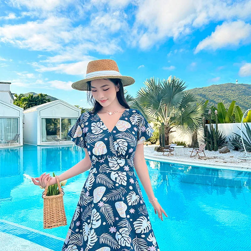 

2023 Women Tropical Print Plunge Sleeve Swimwear 0Ne-Piece Swimsuit Korean Style Beach Wear Monokini Dress