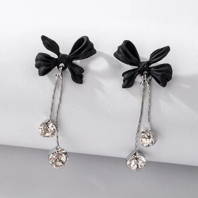 

European and American Women's Black Bow Rhinestone Tassel Earrings Ins Earrings