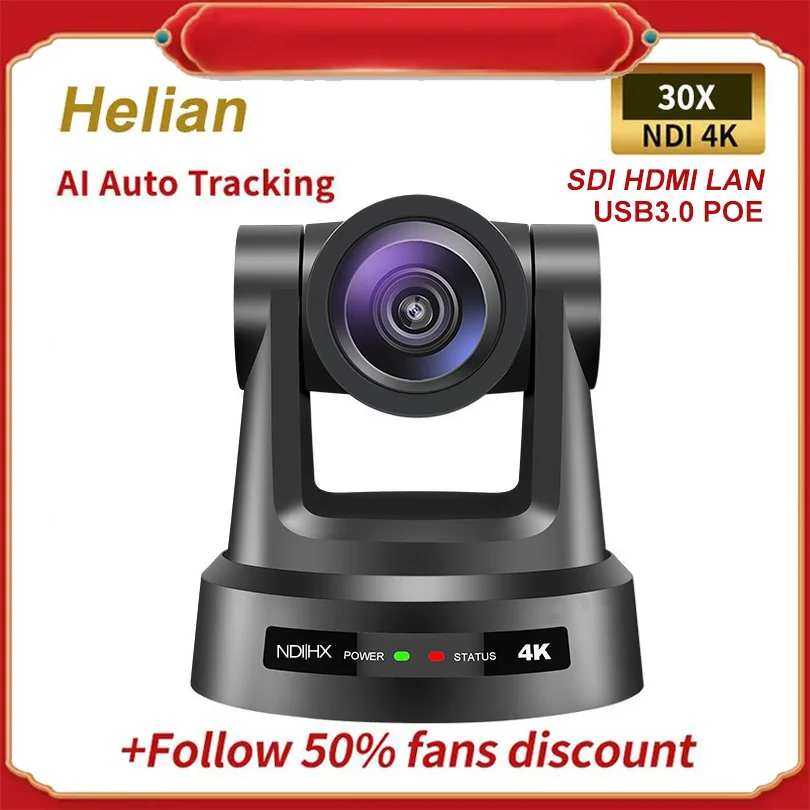 

Helian AI auto Tracking NDI 4K 30X Optical Zoom PTZ Camera with SDI+HDMI+LAN+USB3.0+POE Live Streaming vMix for Studio Church