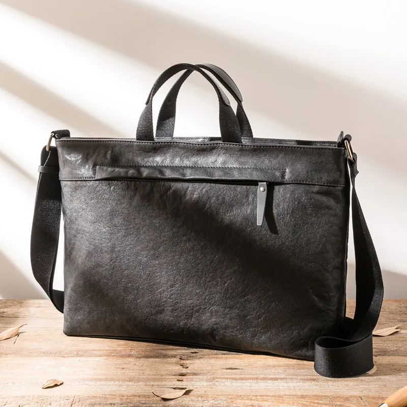 Business casual luxury natural genuine leather men's black briefcase outdoor travel real cowhide work shoulder messenger bag