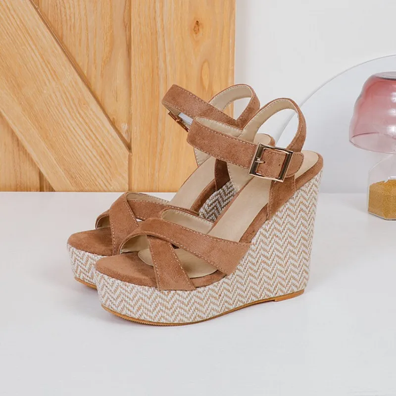 

Ochanmeb Sexy Ultra Extremely High Wedges Heels Sandals Women Faux Suede Leather Metal Buckled Cross Strap Platform Sandals Shoe