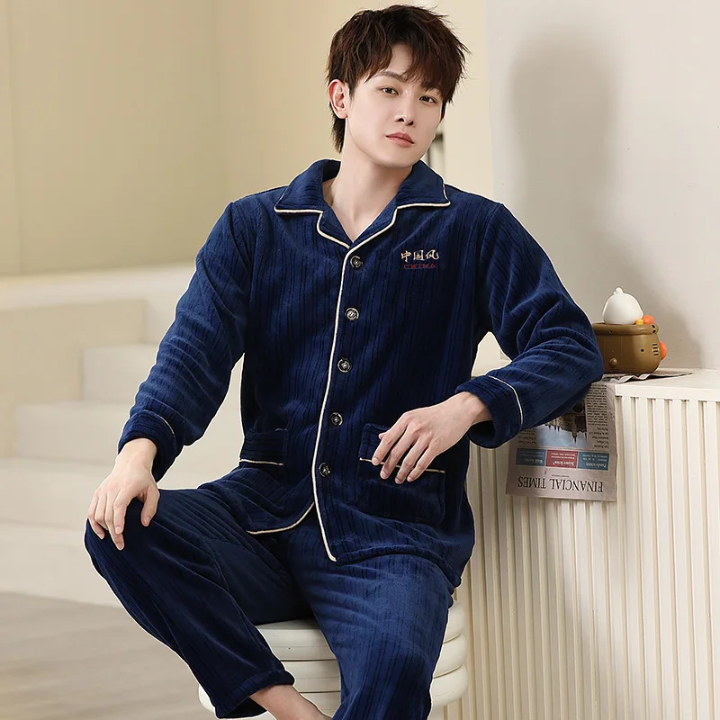QUHENG Winter Pajamas for Man Set Flannel 2022 New Plus Size Pijamas Pocket Buttons 2 Pieces Home Clothes Suits Pyjama Sleepwear