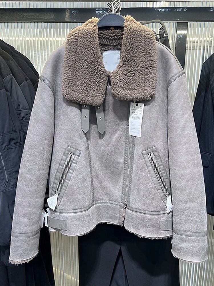 

FTLZZ новая осенне-зимняя женская уличная куртка из искусственной овечьей кожи с толстым отворотом на молнии, пальто из искусственной замши с мехом, Женская мотоциклетная верхняя одежда