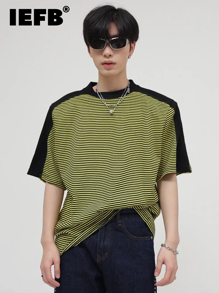 

IEFB Men's Loose Colorblocked Patchwork Striped Shoulder Pad T-shirt 2022 New Summer Casual O-neck Short-sleeved Tee Chic 9A1091
