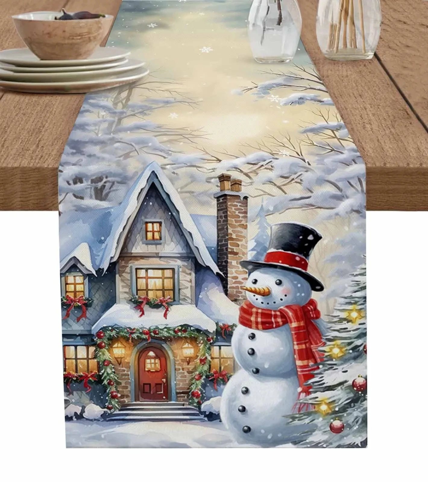

Рождественский снеговик сарай льняные скатерти комод шарф декор для стола зимние рождественские скатерти рождественские украшения 2024