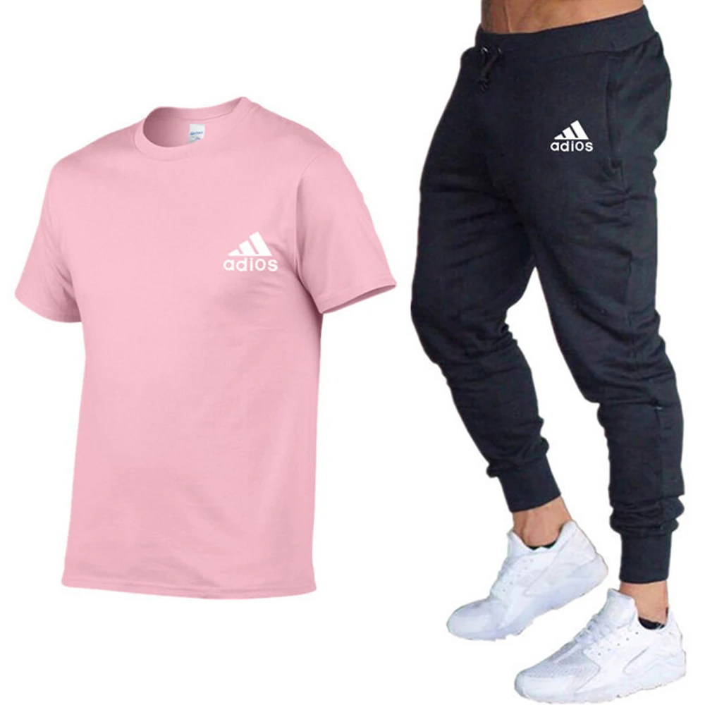 Men's Tracksuit Man Casual Fitness Short Sleeve Sport Pants Suit Cotton T-Shirt+Trousers Two Pieces Sets High-quality Sportswear