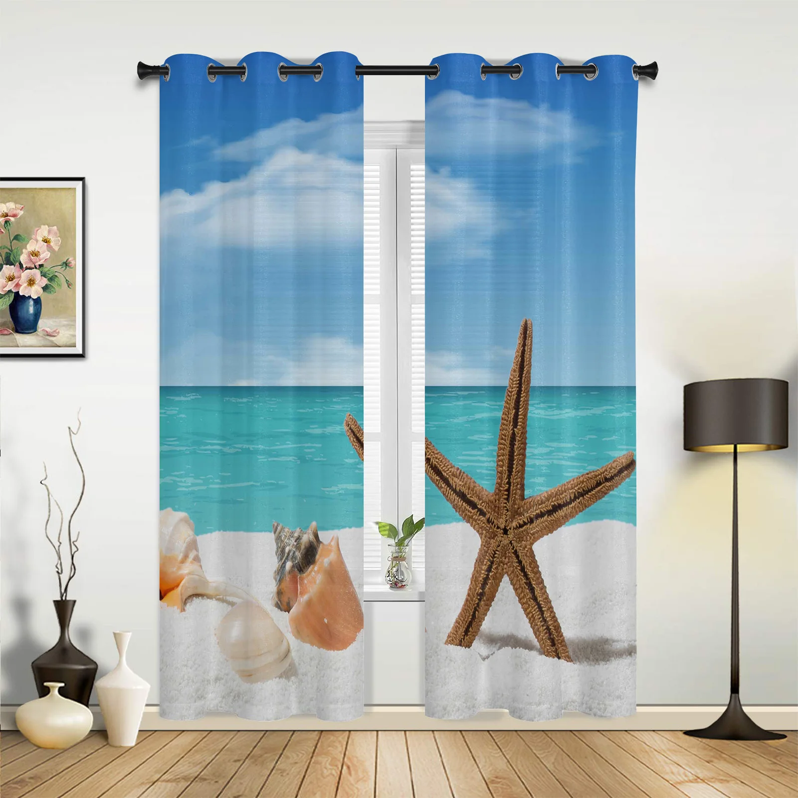 

Sea Starfish Shell Window Curtain for Living Room Bedroom Decor Kitchen Balcony Curtains Home Furnishings