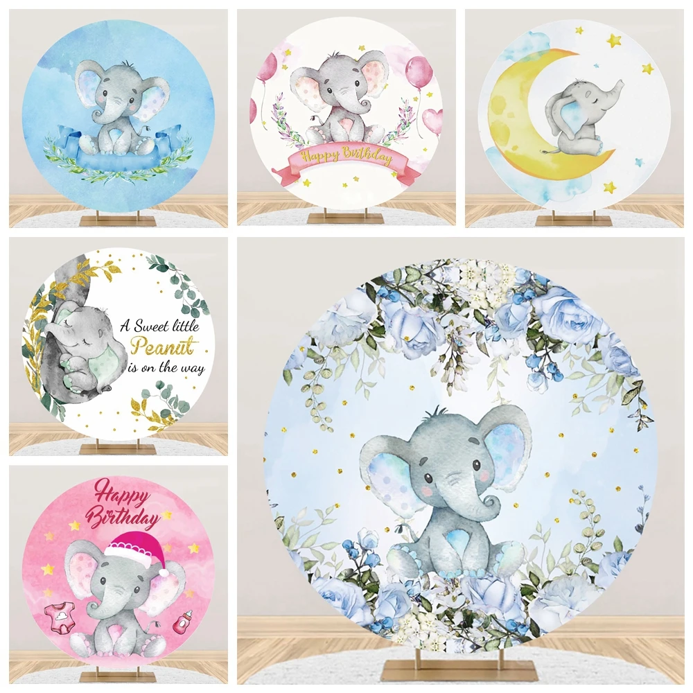 

Elephant Round Photography Backdrop Cover Newborn Baby Shower Safari 1st Birthday Party Decor Background Photo Studio Props