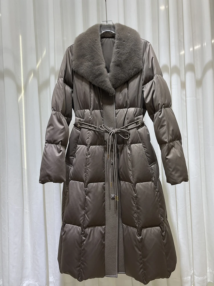 2024 новая модная зимняя длинная куртка на белом гусином пуху с воротником из