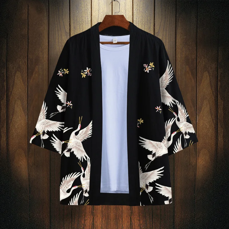 National Fashion Crane Cape coat Men's Autumn Thin Half Sleeve Robe Chinese Sle Daily Leisure Feather Woven Top